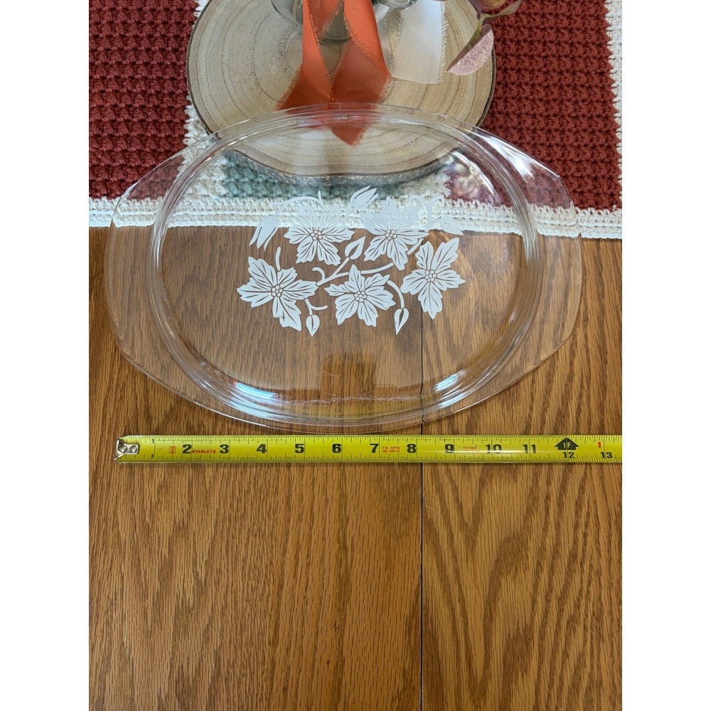 Vintage Clear Glass Oval Lid‎ White Floral Poinsettia Pattern Side Handles 26